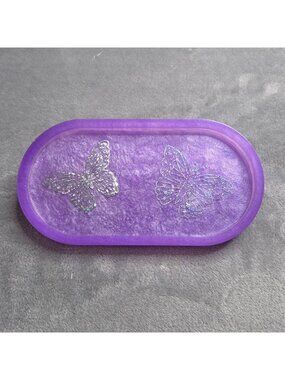 Handmade Holograph Butterfly Resin Trinket Tray 7.5 in Oval Decorative Catchall